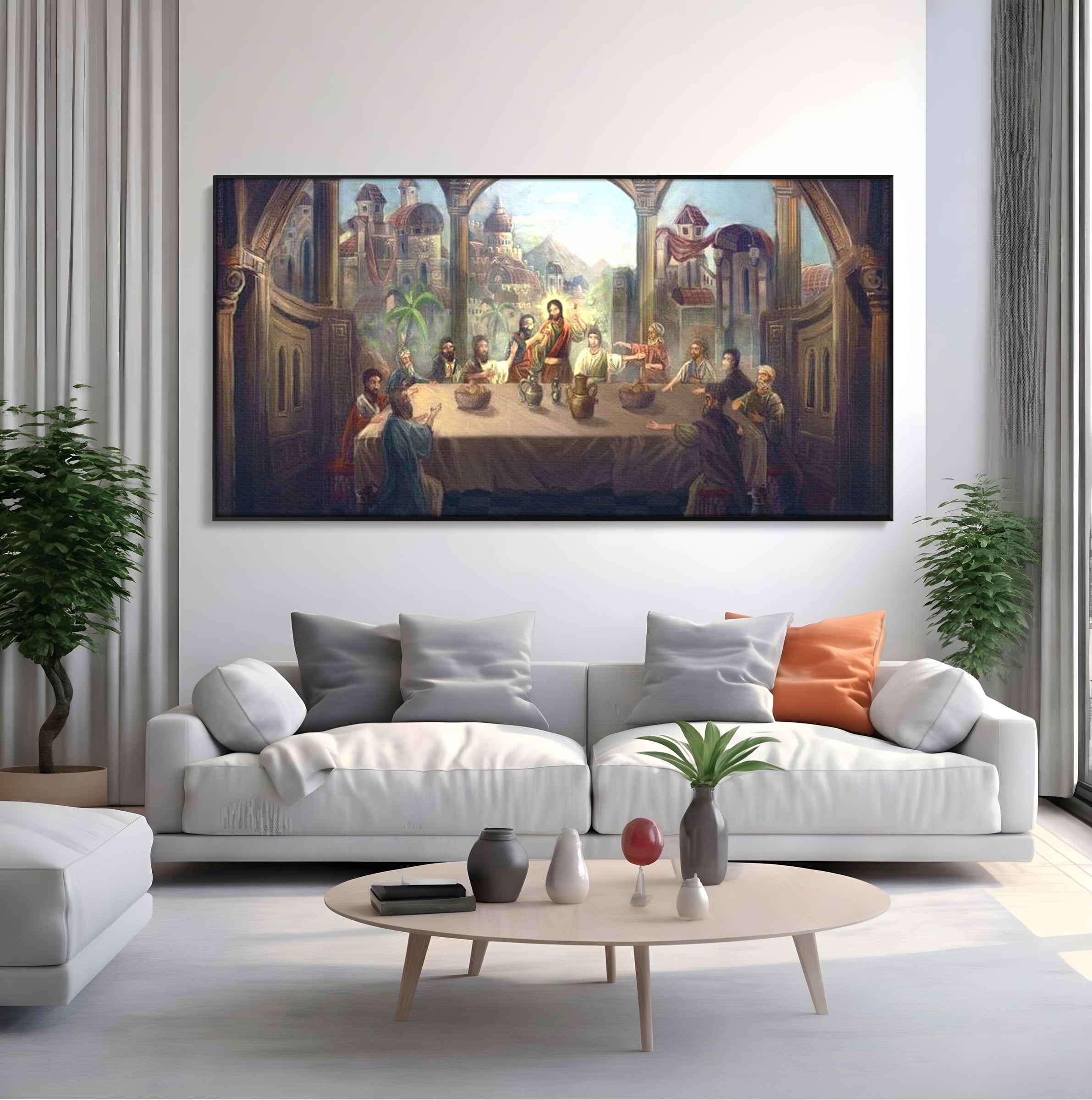 Tablou canvas cu tablou canvas cina cea de taina, in rama de aluminiu negru, pe perete intr-un living